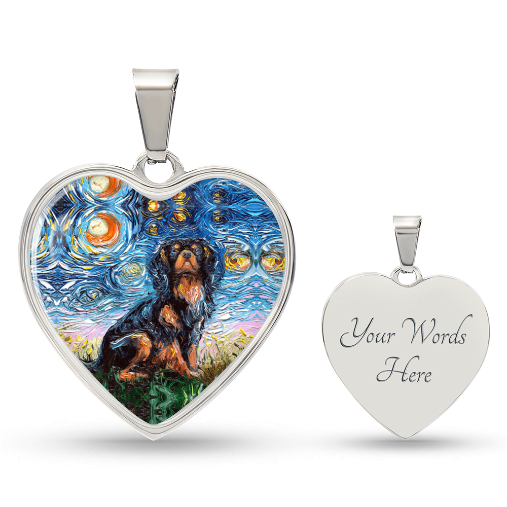 Black and Tan Cavalier Spaniel Starry Night Heart Necklace