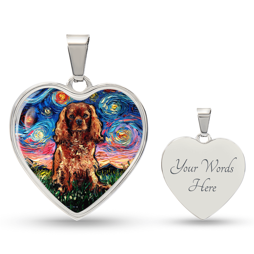Ruby Cavalier King Charles Spaniel Starry Night Heart Necklace