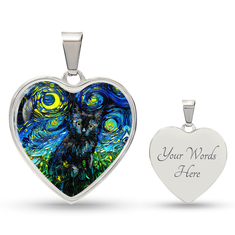 Black Cat Portrait Starry Night Heart Necklace
