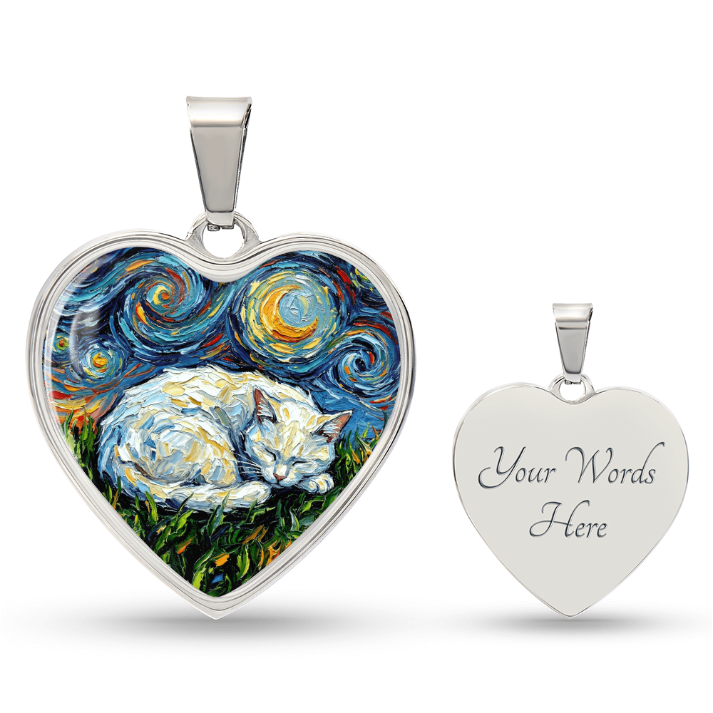 Sleepy White Cat Night Heart Necklace