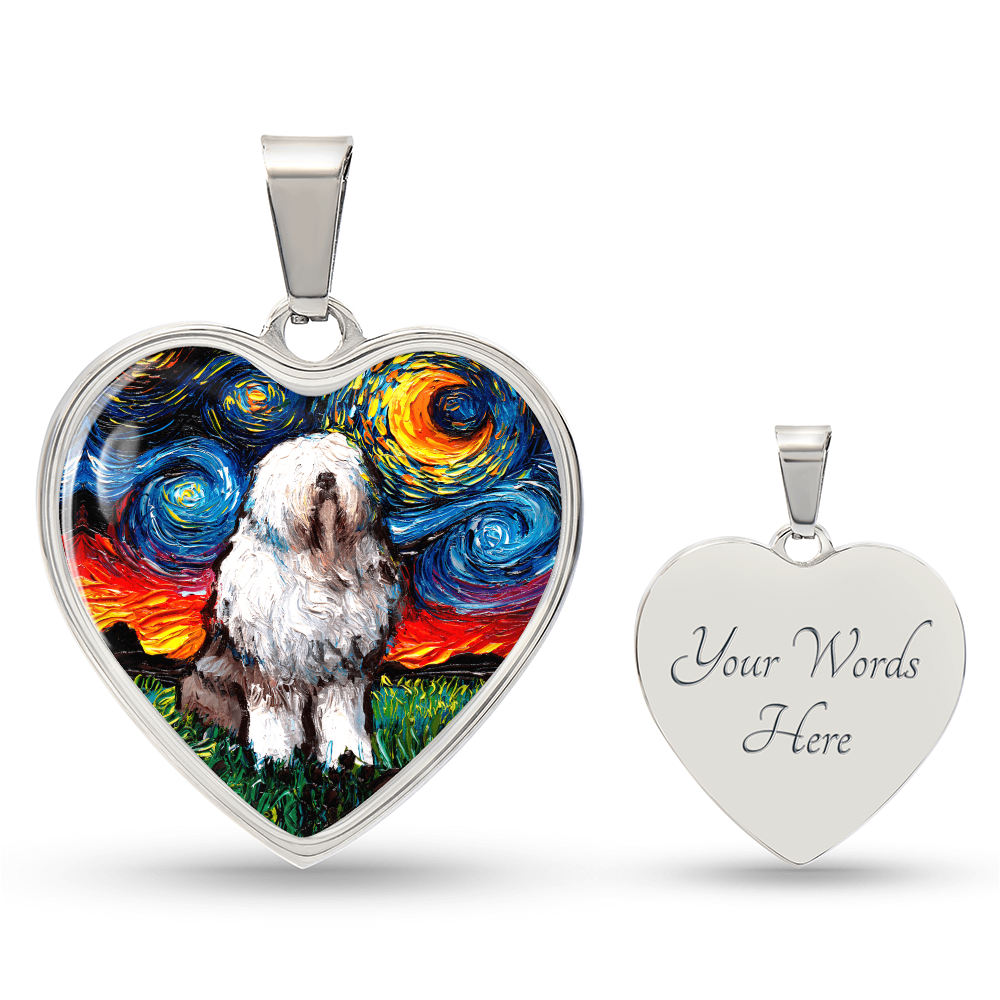 English Sheepdog Starry Night Heart Necklace