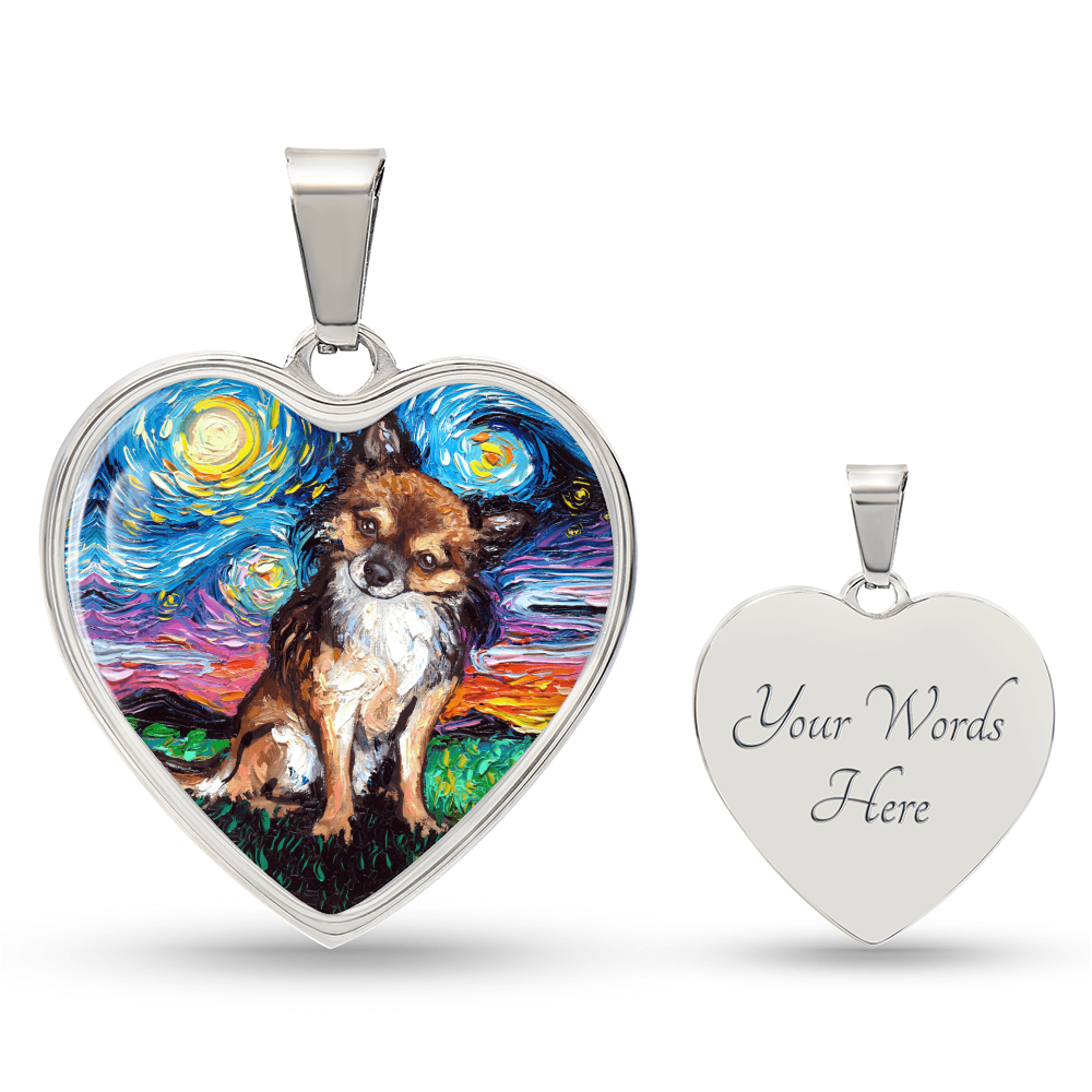 Long Hair Brown Chihuahua Starry Night Heart Necklace