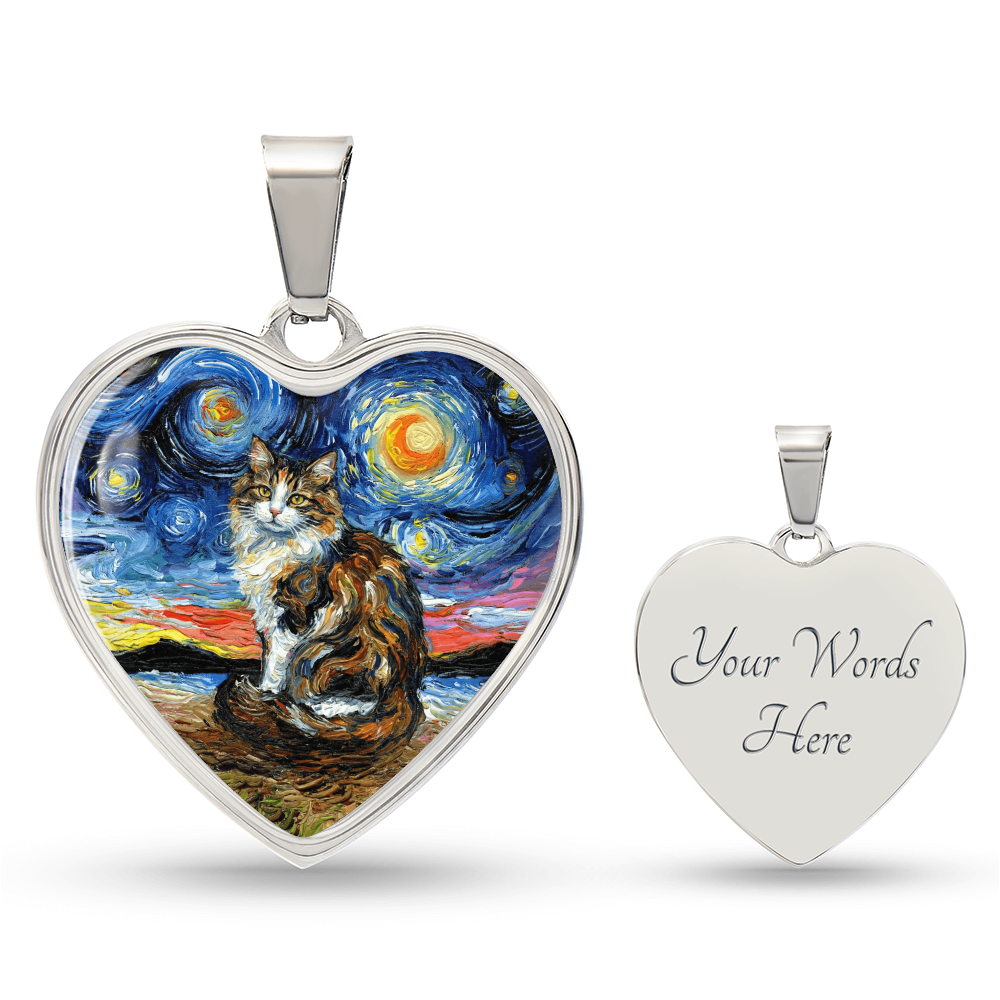 Calico Cat 2 Starry Night Heart Necklace