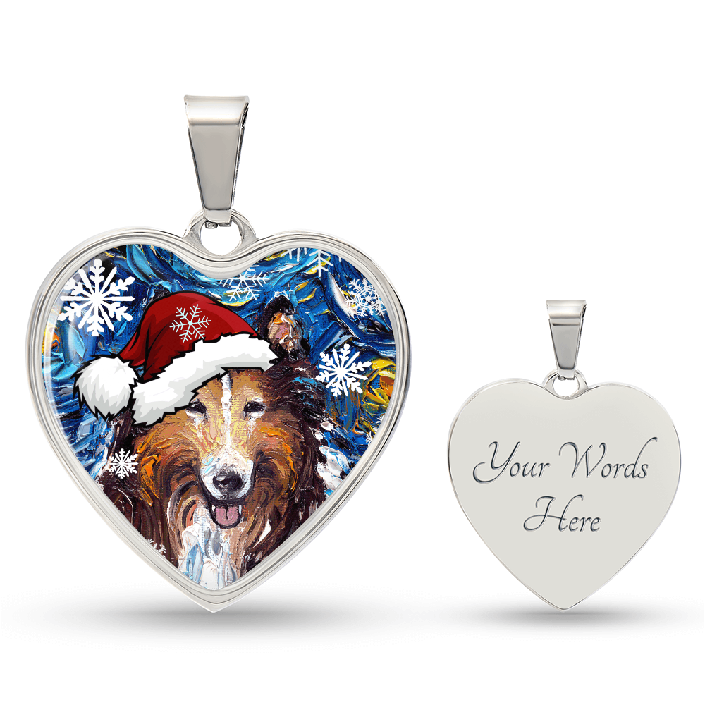 Collie In Santa Hat Starry Night Heart Necklace