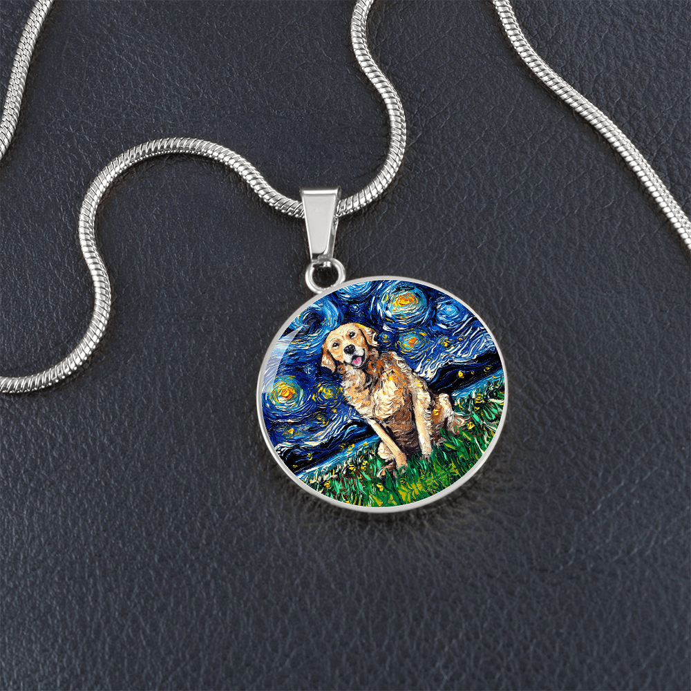 Golden Retriever Starry Night Round Necklace