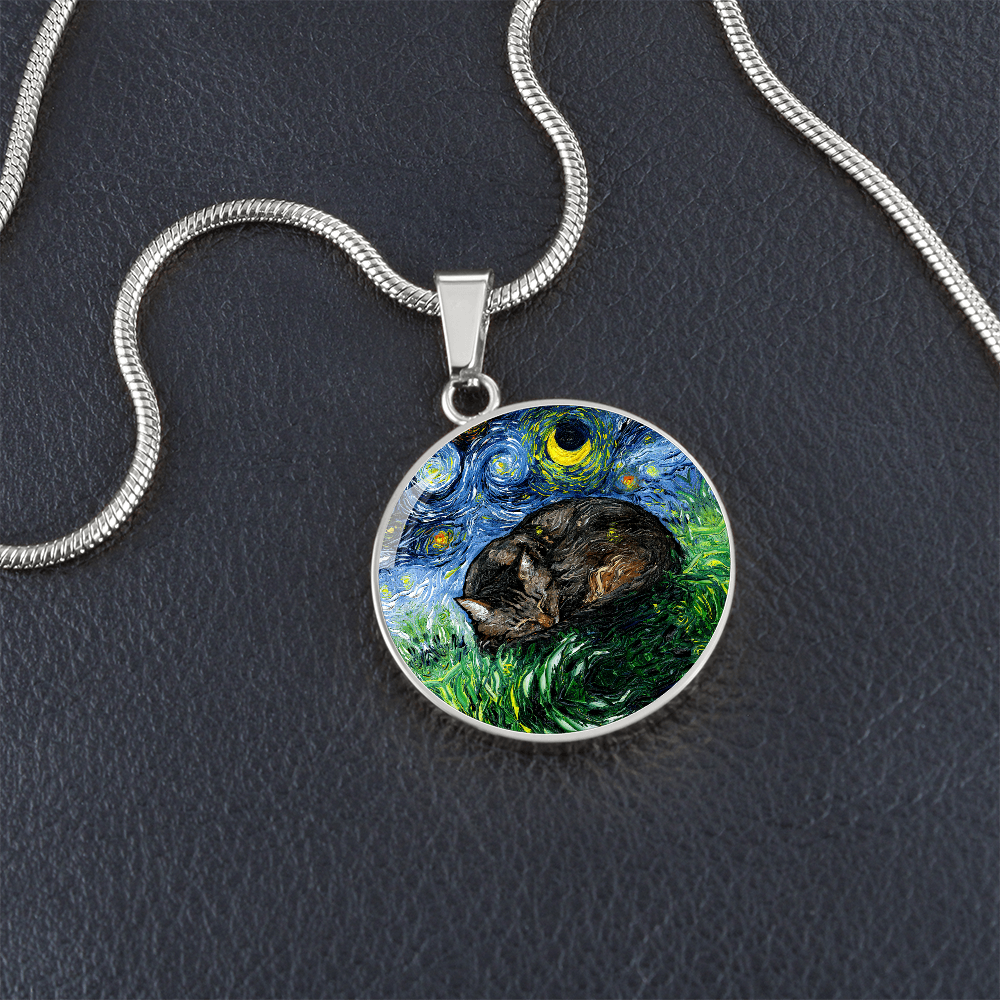 Sleeping Brown Tabby Starry Night Round Necklace