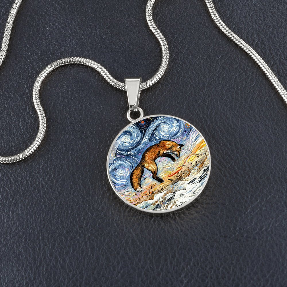 Pounce Jumping Fox Starry Night Round Necklace