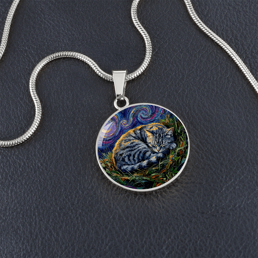 Sleepy American Shorthair Tabby Round Necklace