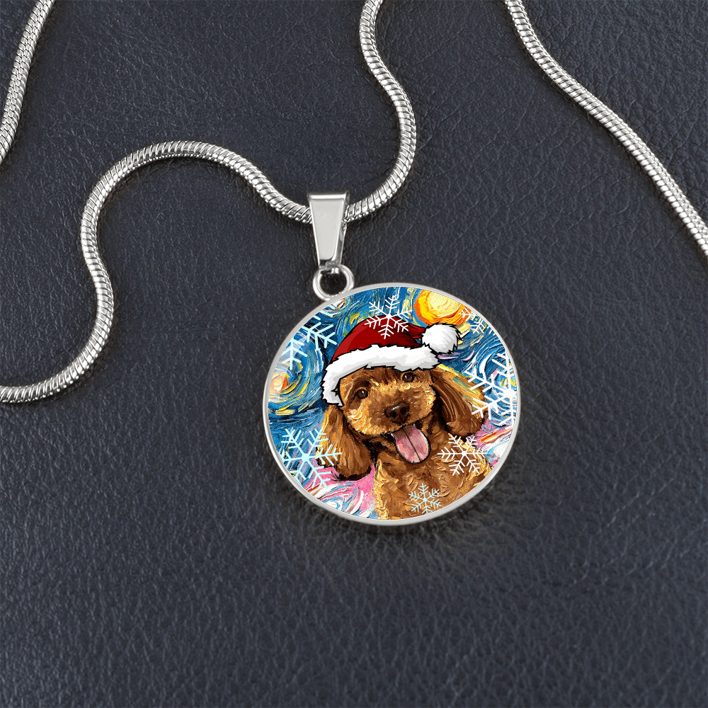 Apricot Poodle In Santa Hat Starry Night Round Necklace