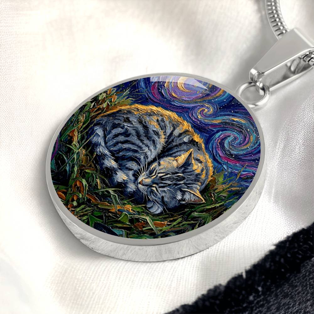 Sleepy American Shorthair Tabby Round Necklace