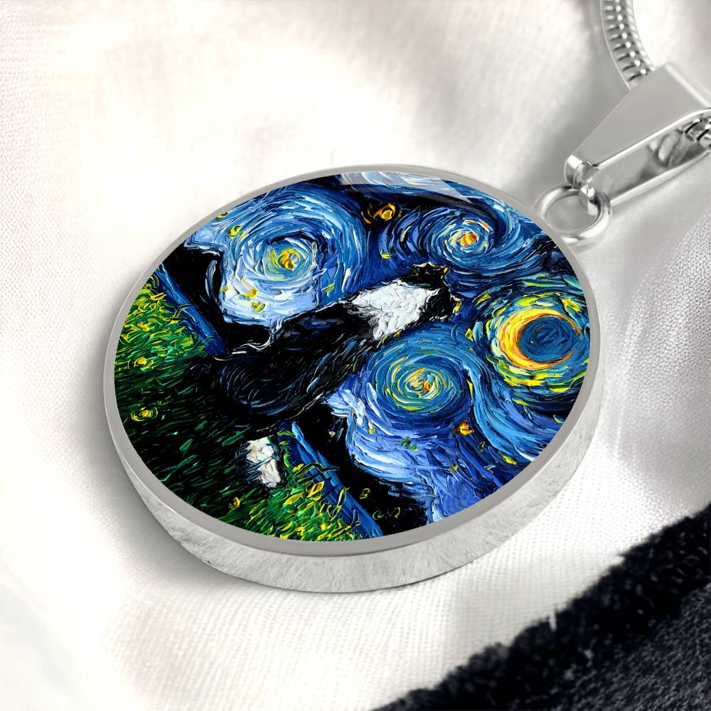Border Collie Back Starry Night Round Necklace