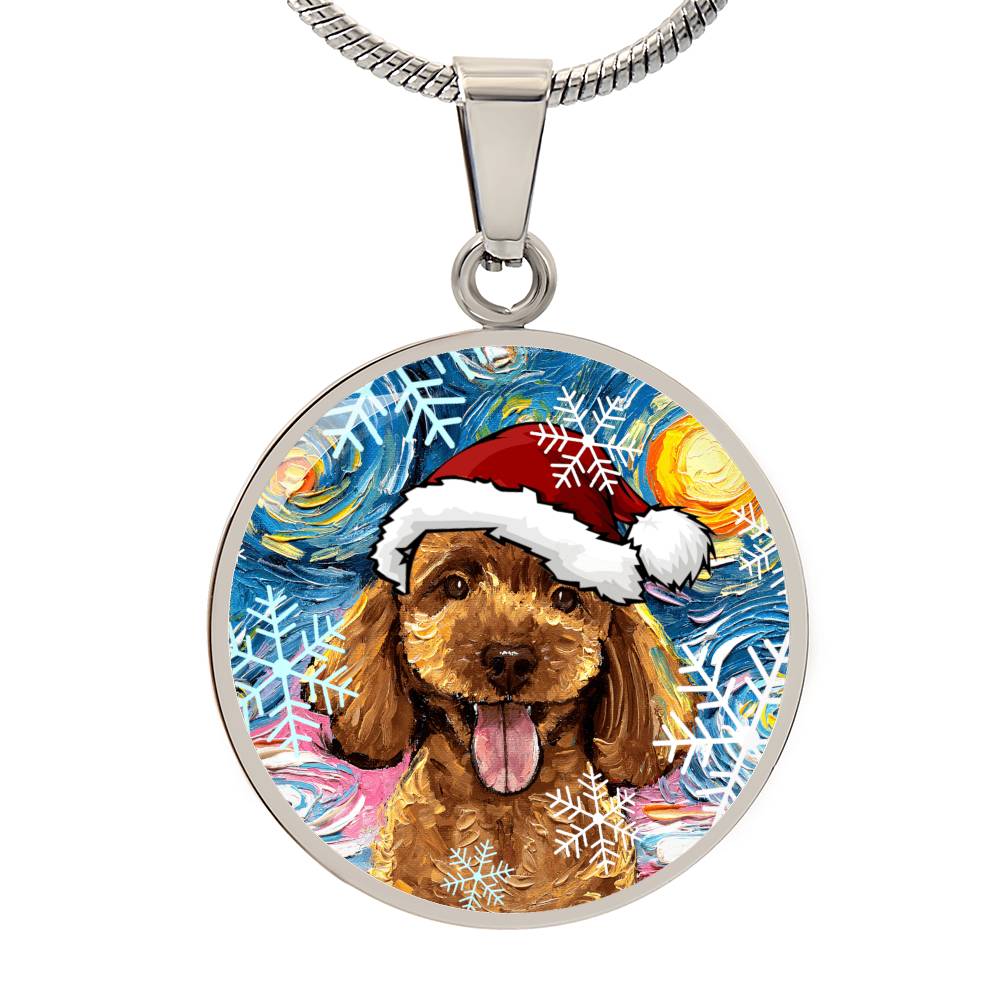 Apricot Poodle In Santa Hat Starry Night Round Necklace