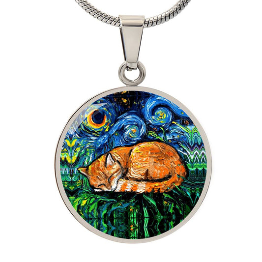Sleeping Orange Tabby Cat Starry Night Round Necklace