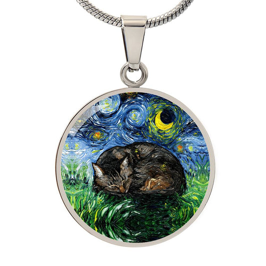 Sleeping Brown Tabby Starry Night Round Necklace