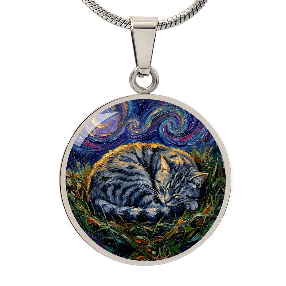Sleepy American Shorthair Tabby Round Necklace