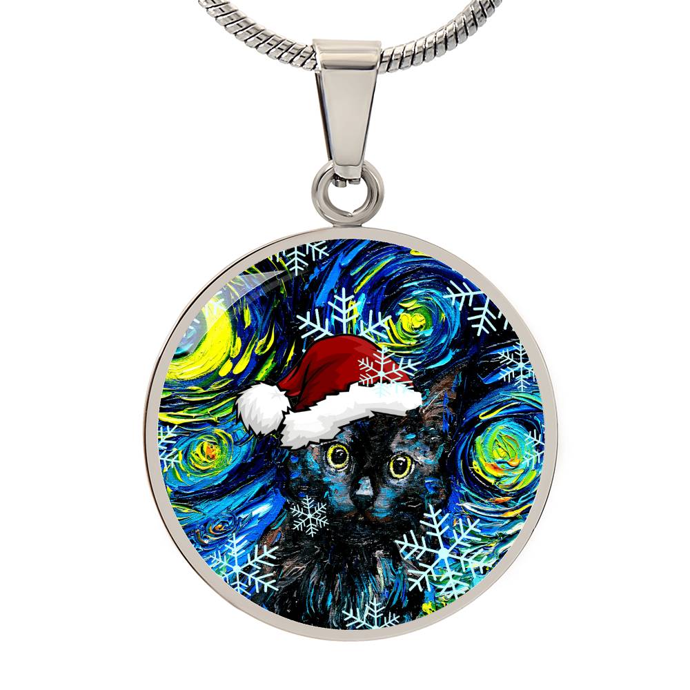 Black Cat In Santa Hat Starry Night Round Necklace
