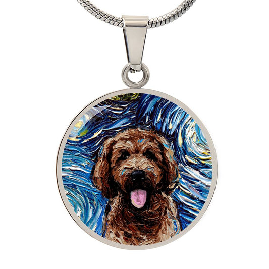 Chocolate Goldendoodle Starry Night Round Necklace