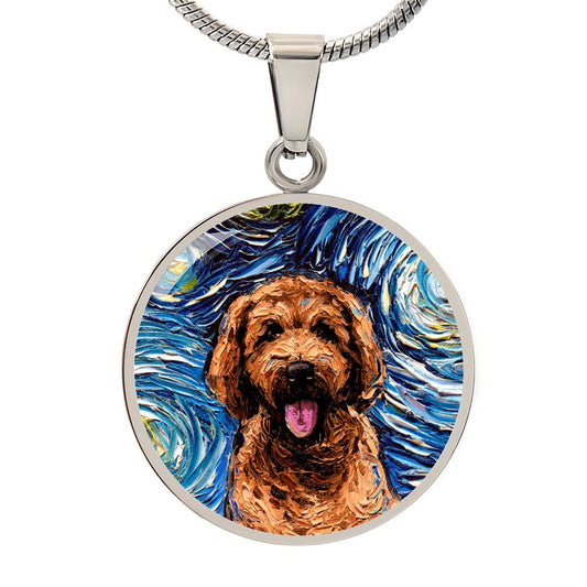 Apricot Goldendoodle Portrait Starry Night Round Necklace