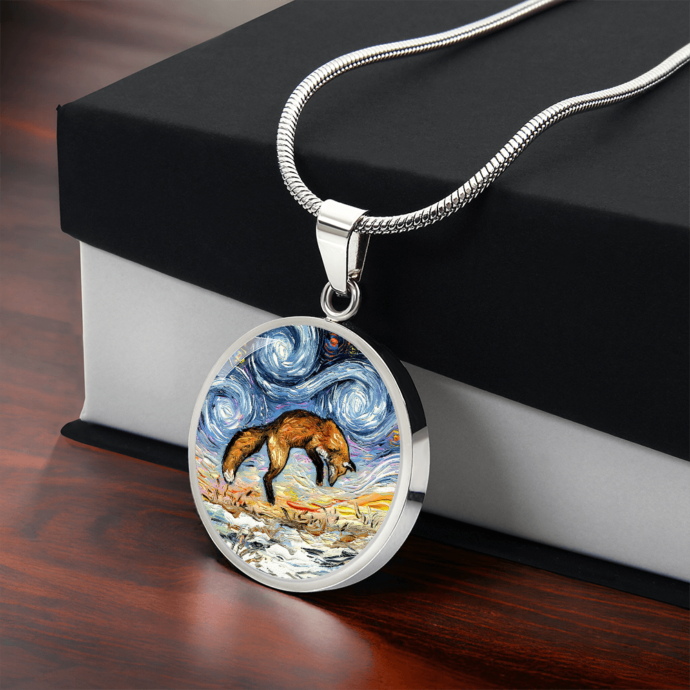 Pounce Jumping Fox Starry Night Round Necklace