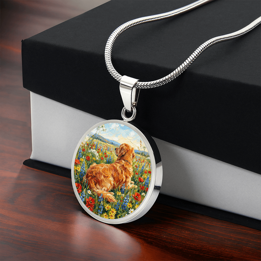 Amongst The Flowers - Golden Retriever Round Necklace