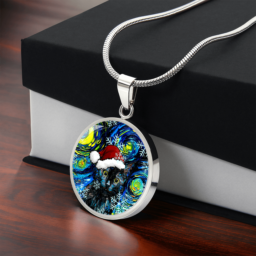 Black Cat In Santa Hat Starry Night Round Necklace