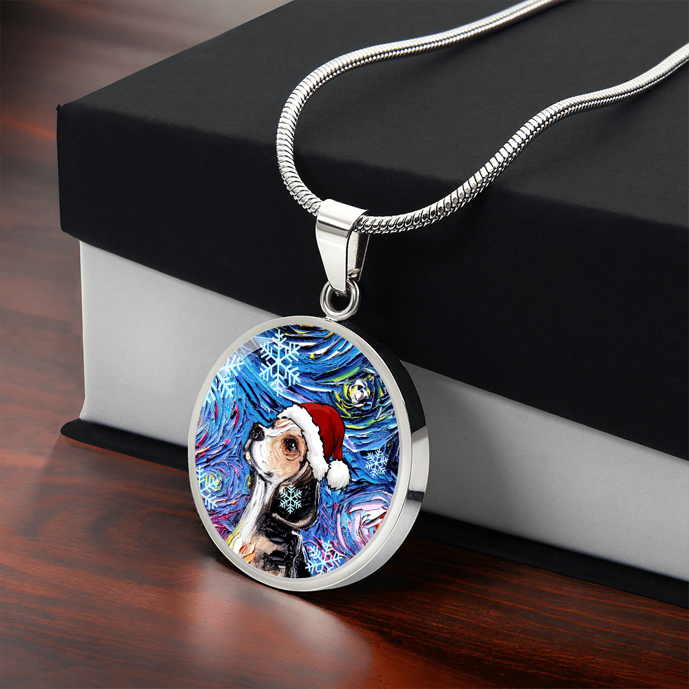 Beagle In Santa Hat Starry Night Round Necklace