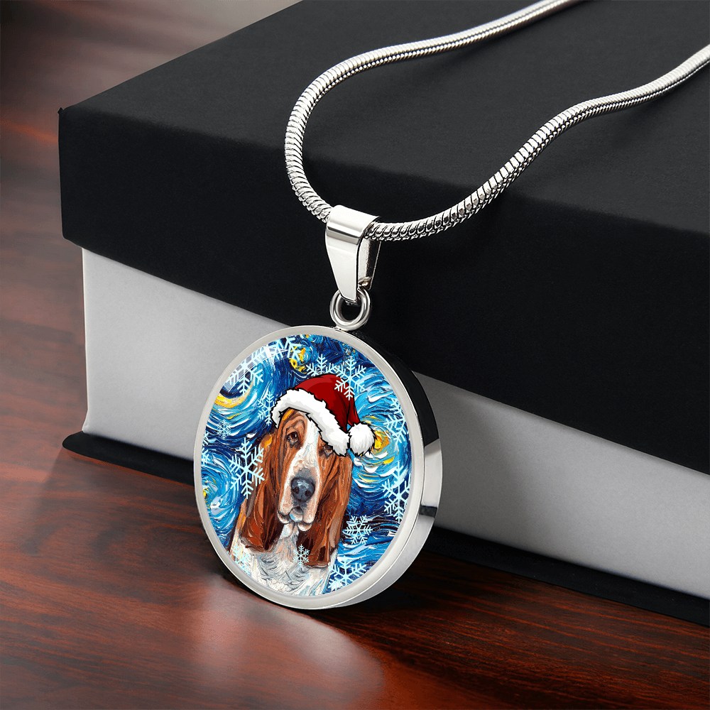 Basset Hound In Santa Hat Starry Night Round Necklace.