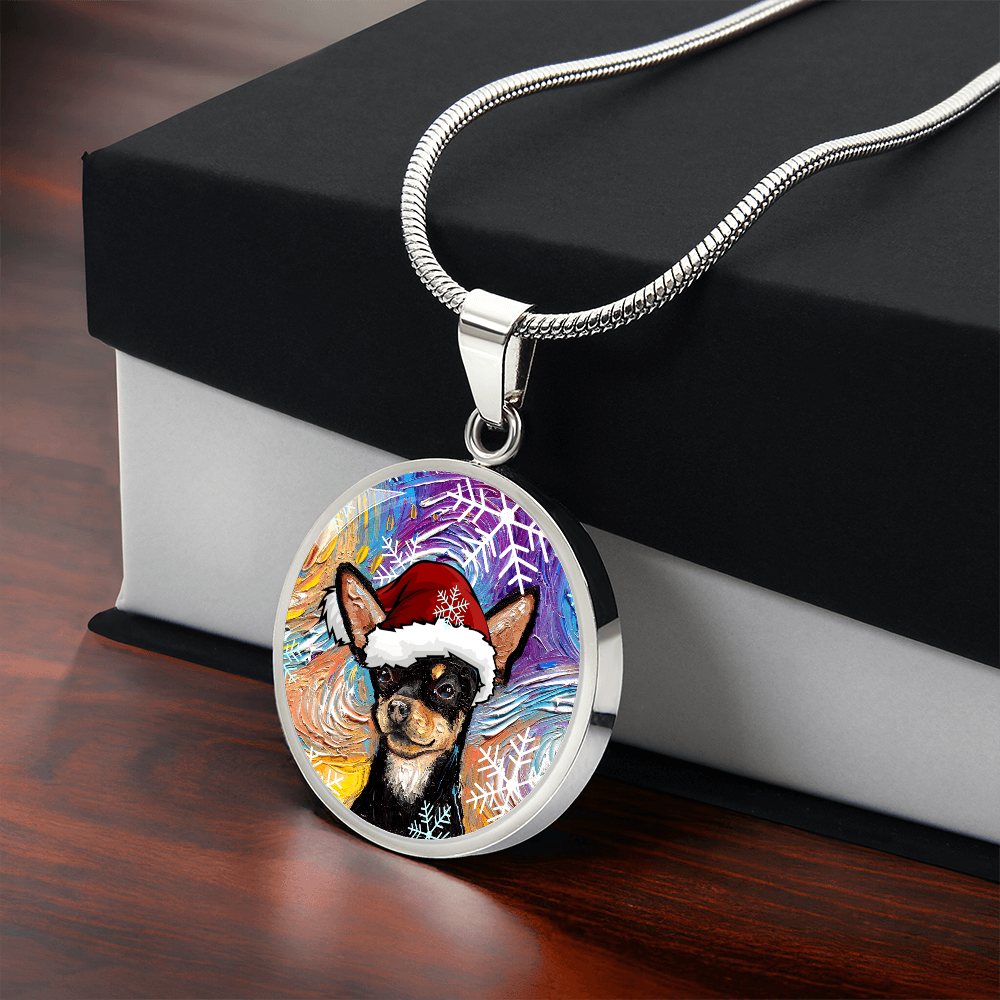 Black and Tan Chihuahua In Santa Hat Starry Night Round Necklace