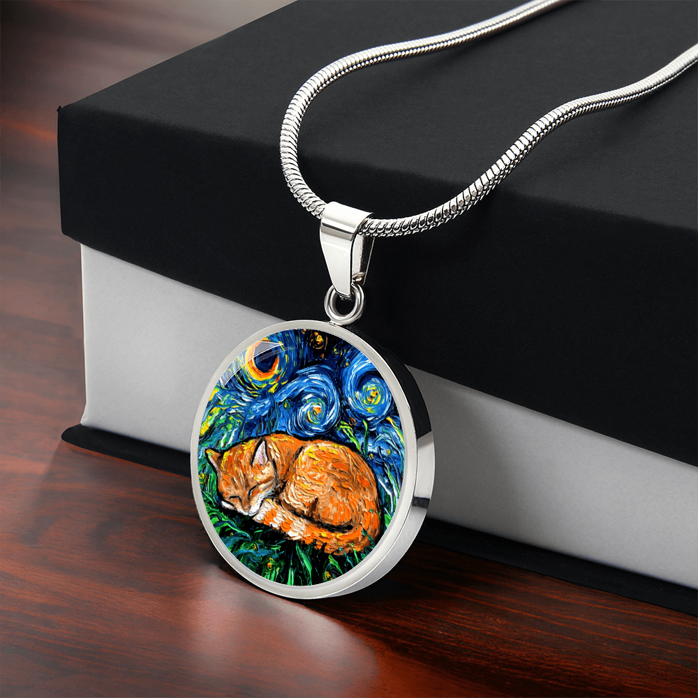 Sleeping Orange Tabby Cat Starry Night Round Necklace