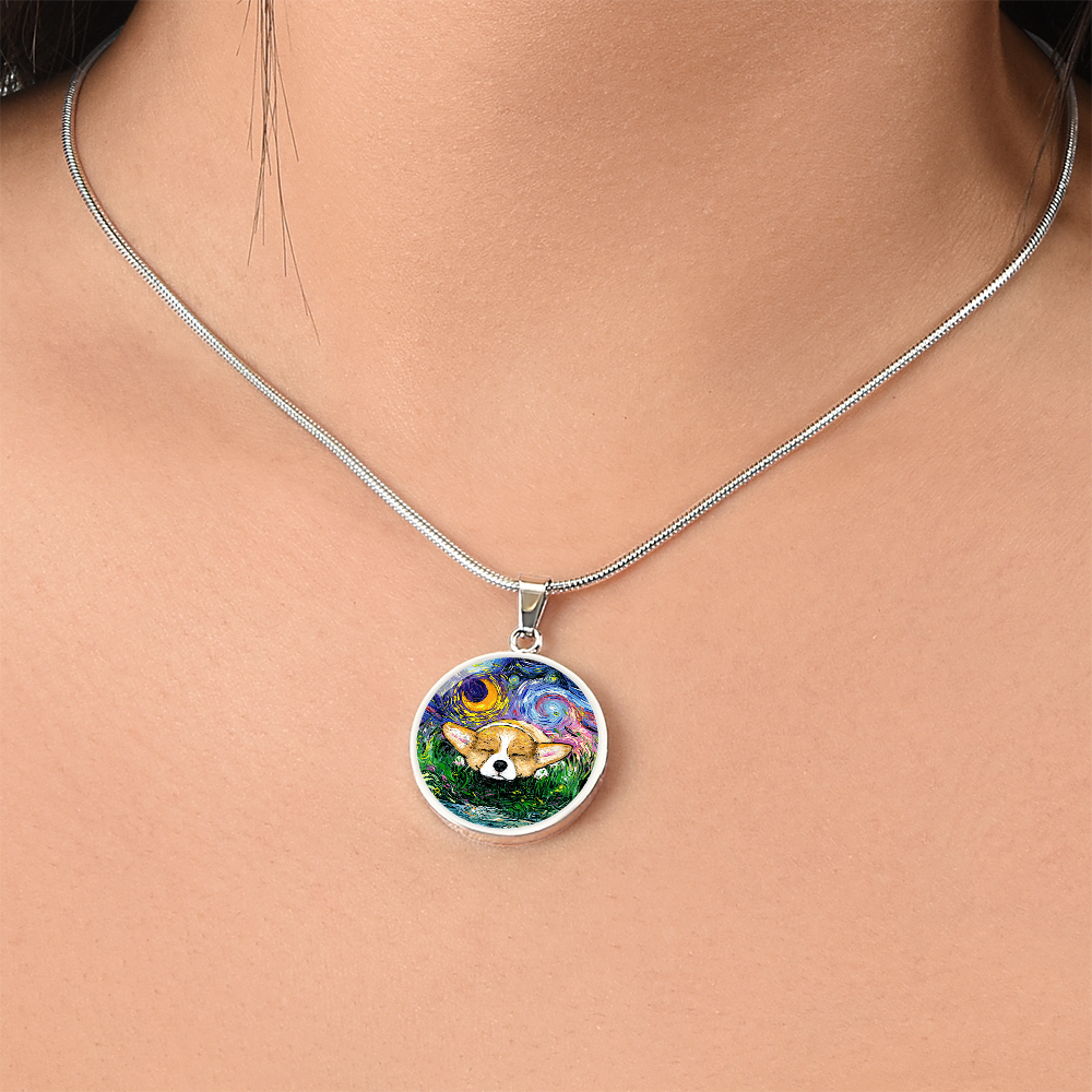 Sleeping Corgi Starry Night Round Necklace