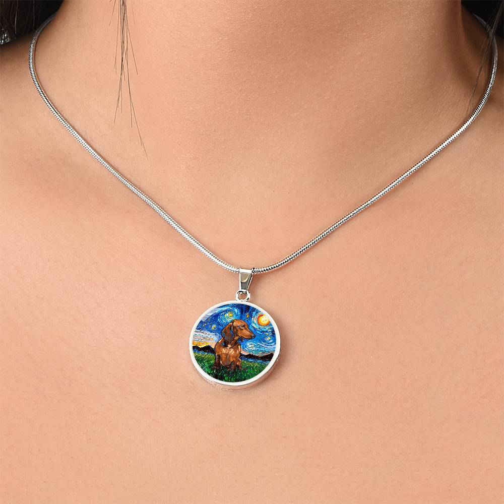 Brown Dachshund Starry Night Round Necklace