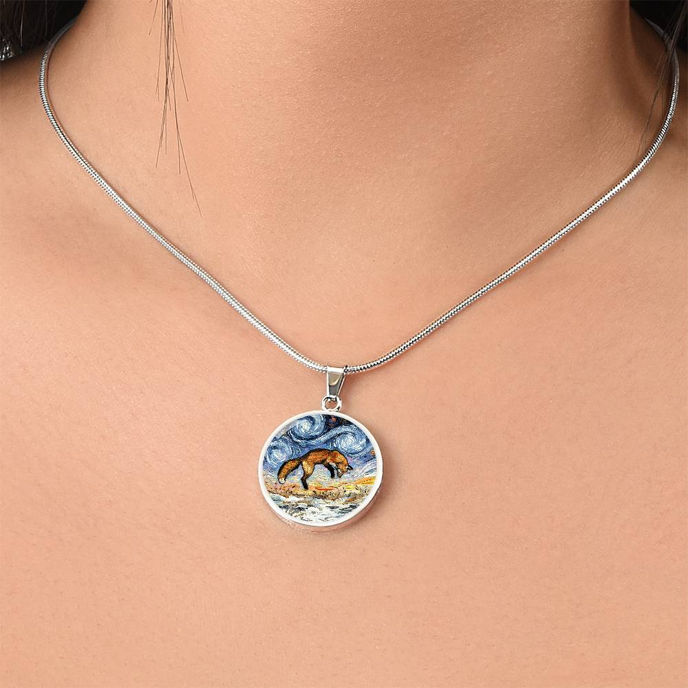 Pounce Jumping Fox Starry Night Round Necklace