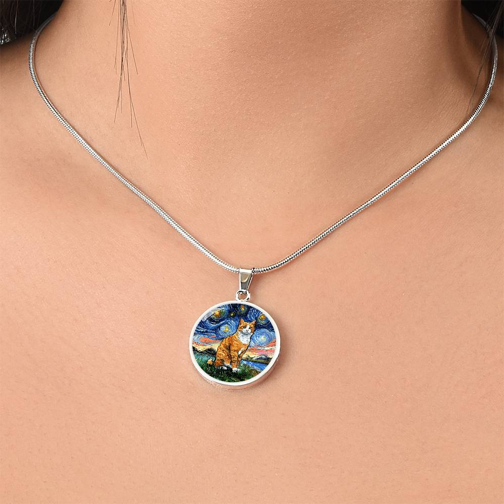 Orange Tuxedo Tabby Starry Night Round Pendant