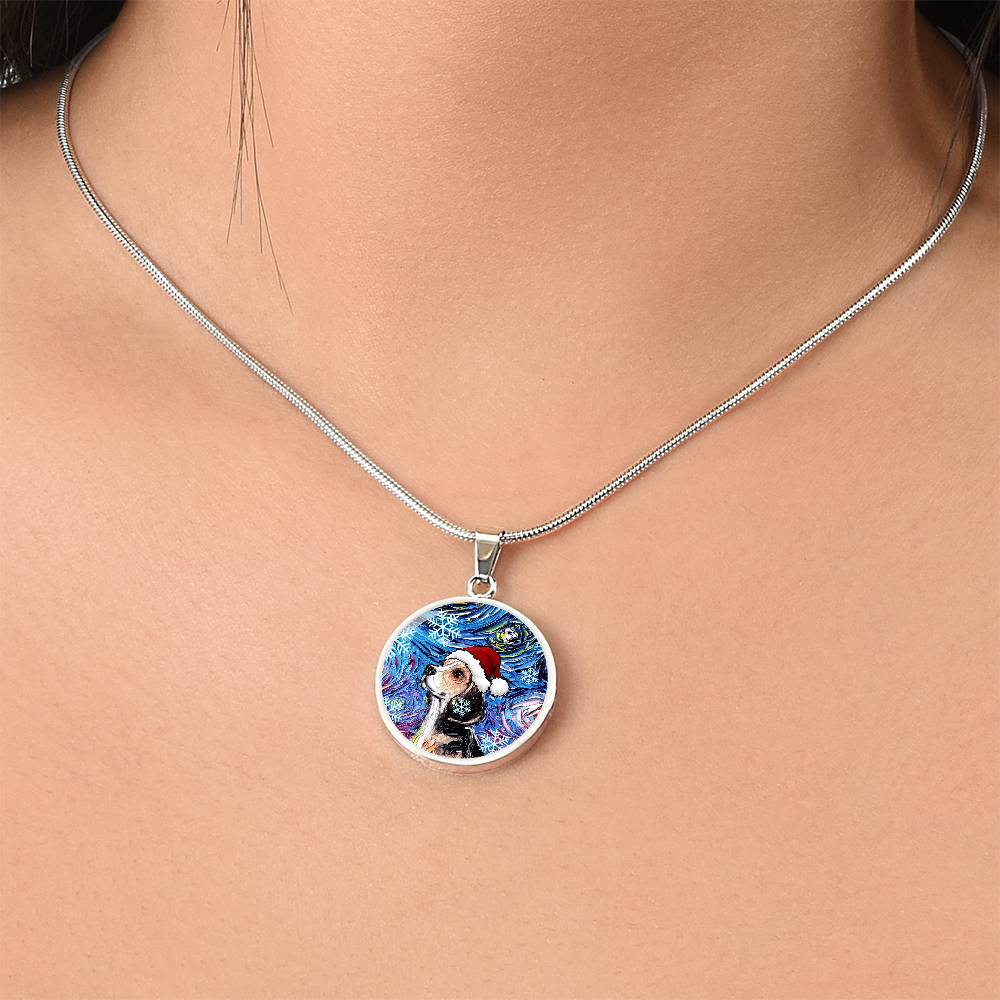 Beagle In Santa Hat Starry Night Round Necklace