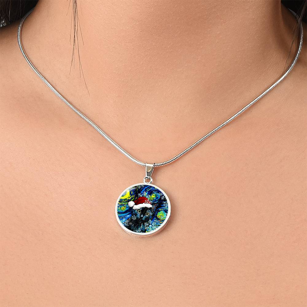 Black Cat In Santa Hat Starry Night Round Necklace