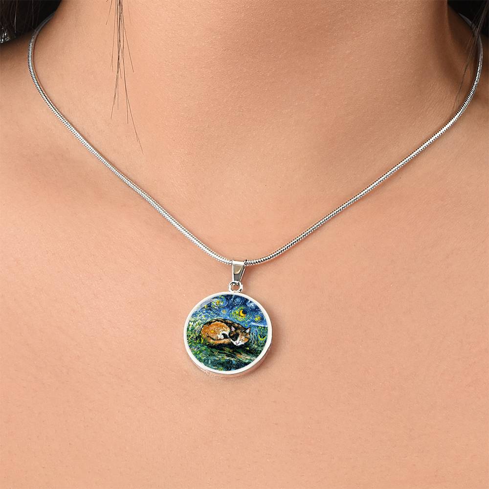 Sleeping Calico Cat Starry Night Round Necklace