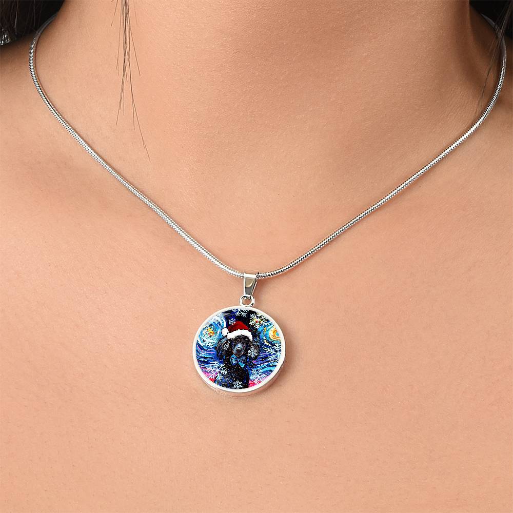 Santa Black Poodle Starry Night Round Necklace