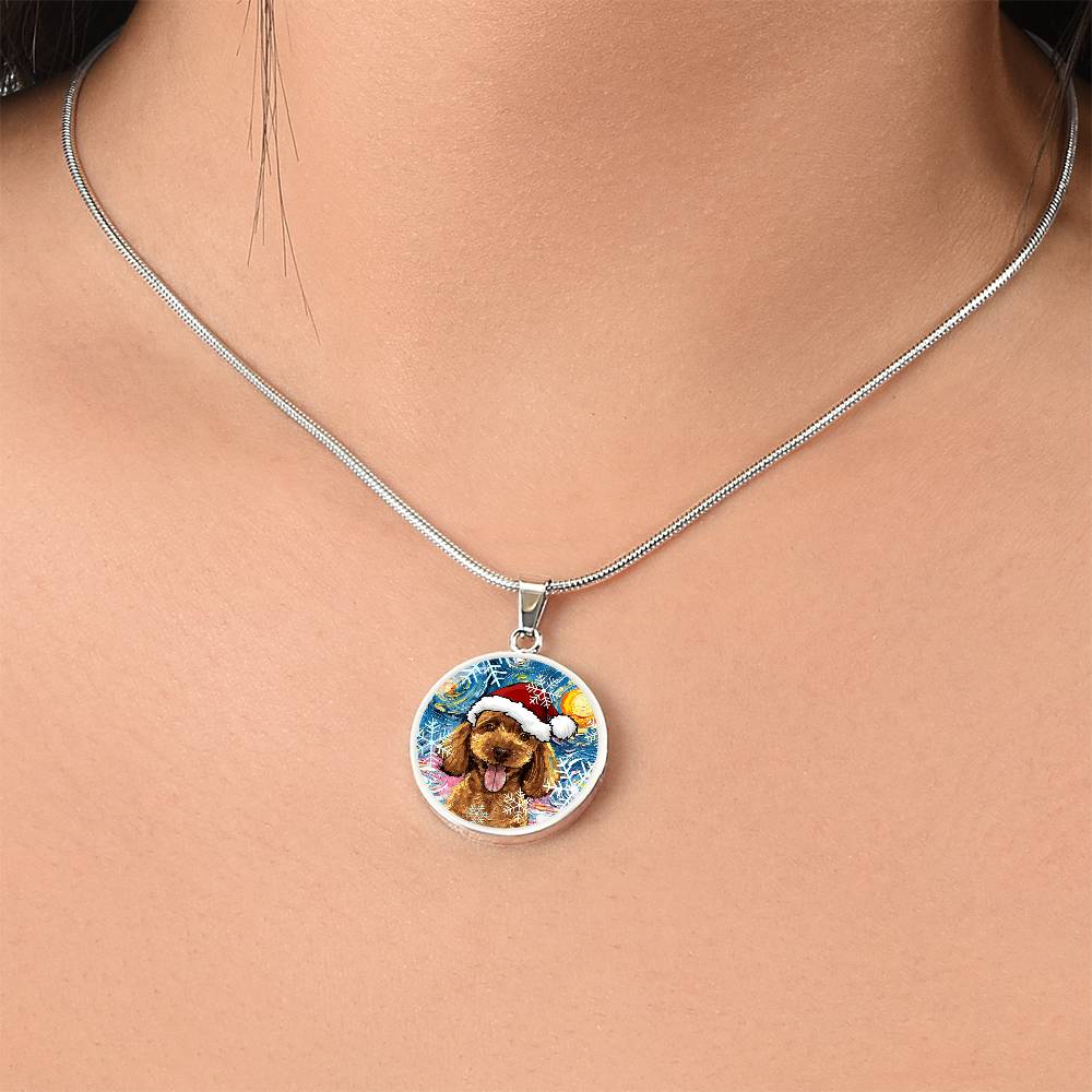 Apricot Poodle In Santa Hat Starry Night Round Necklace