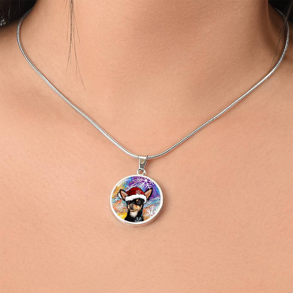 Black and Tan Chihuahua In Santa Hat Starry Night Round Necklace