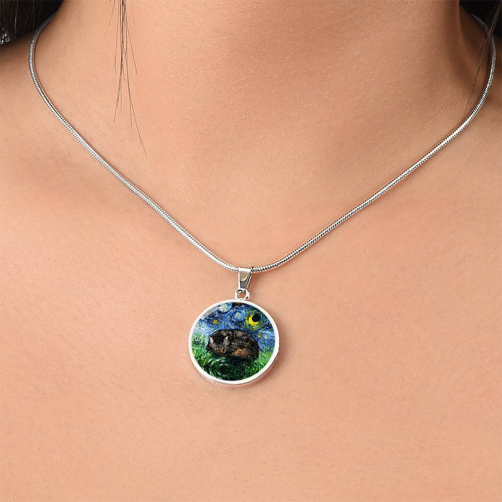 Sleeping Brown Tabby Starry Night Round Necklace