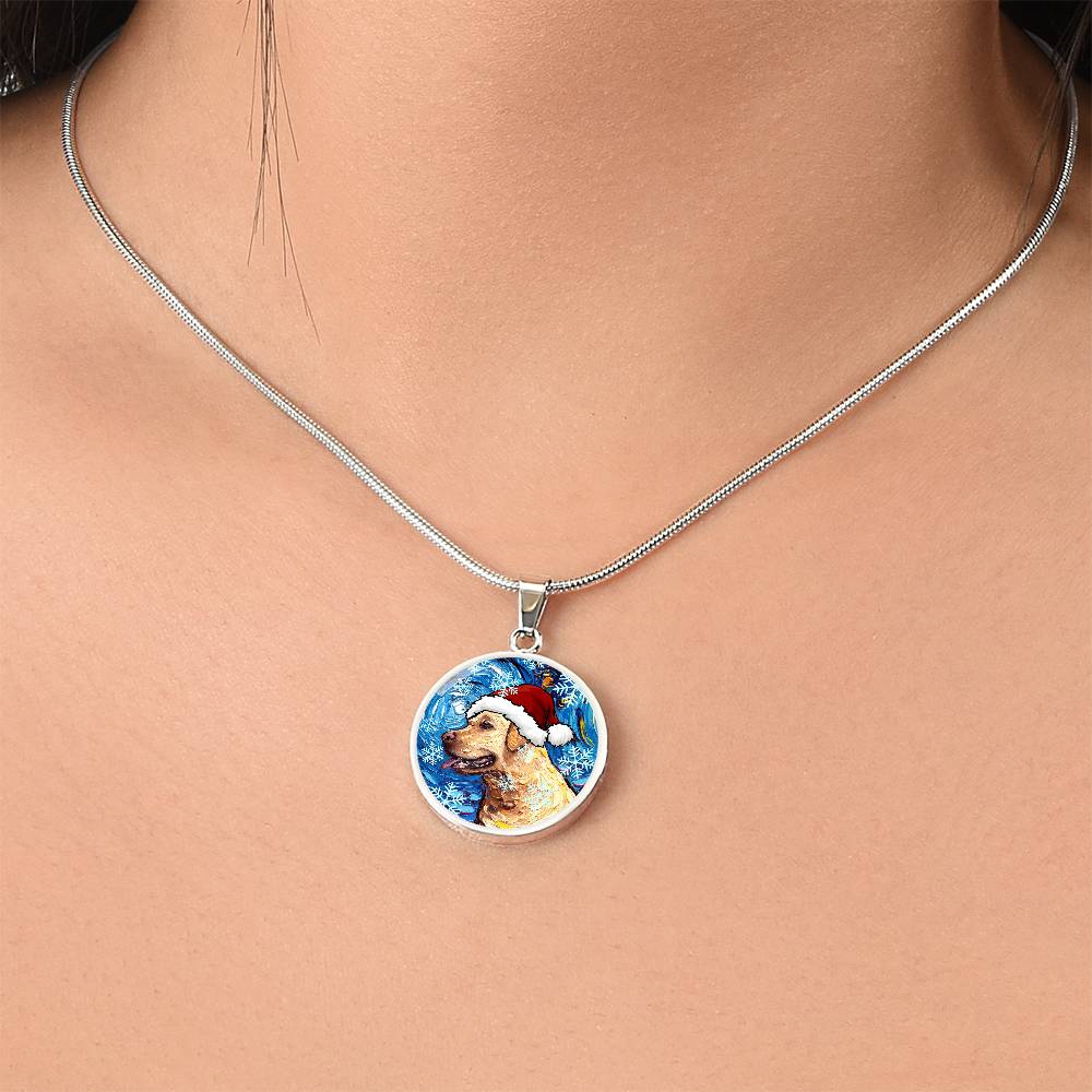 Yellow Labrador In Santa Hat Starry Night Round Necklace