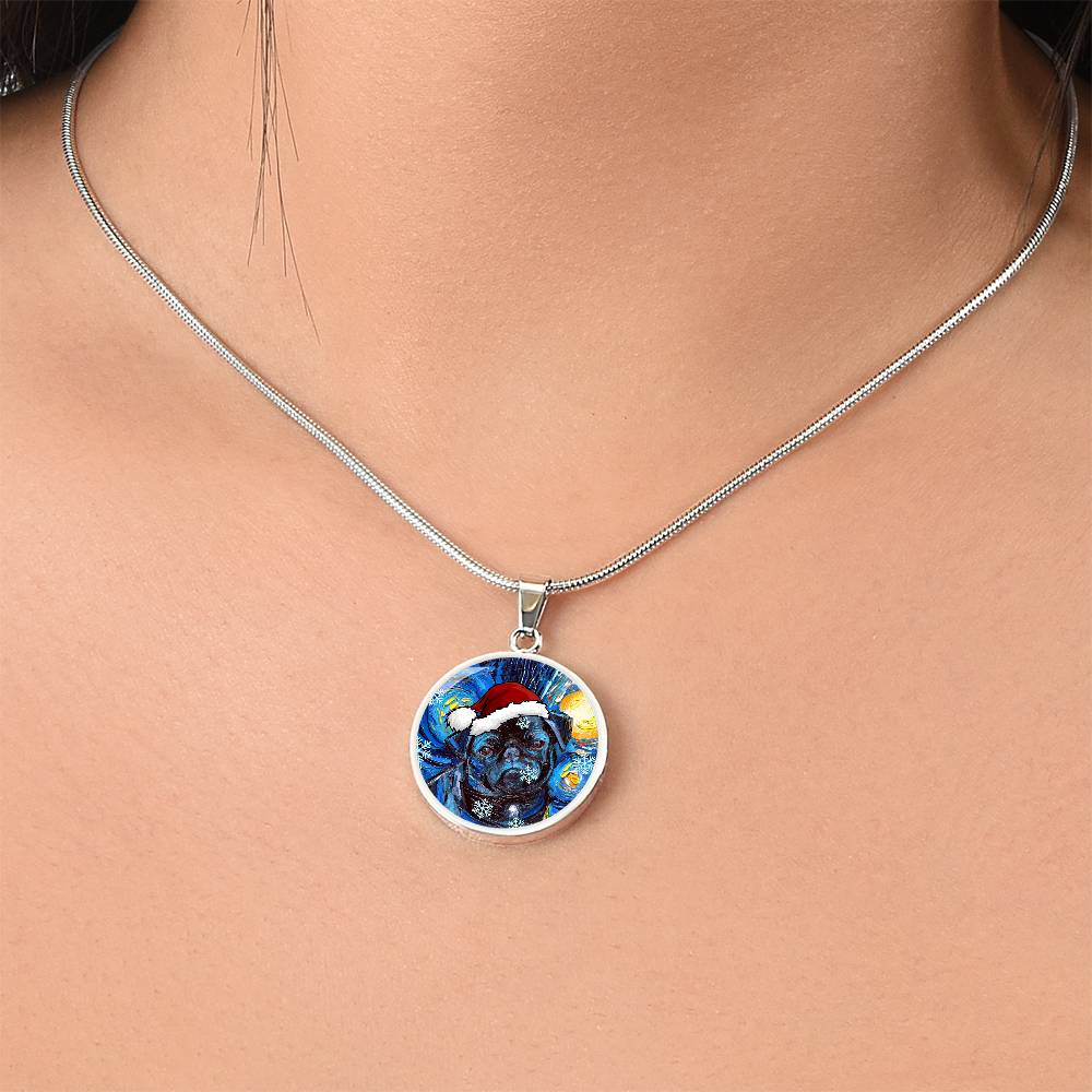 Santa Black Pug Starry Night Round Necklace
