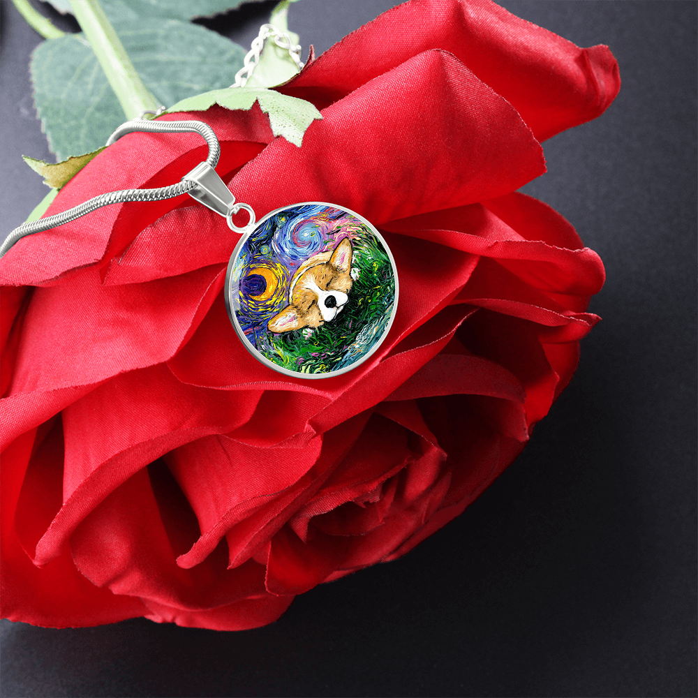 Sleeping Corgi Starry Night Round Necklace