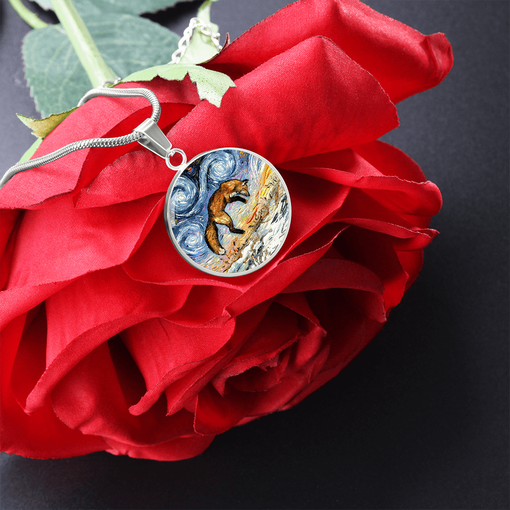Pounce Jumping Fox Starry Night Round Necklace