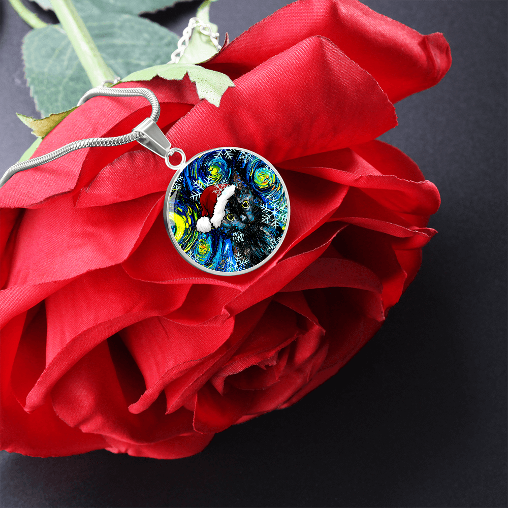 Black Cat In Santa Hat Starry Night Round Necklace