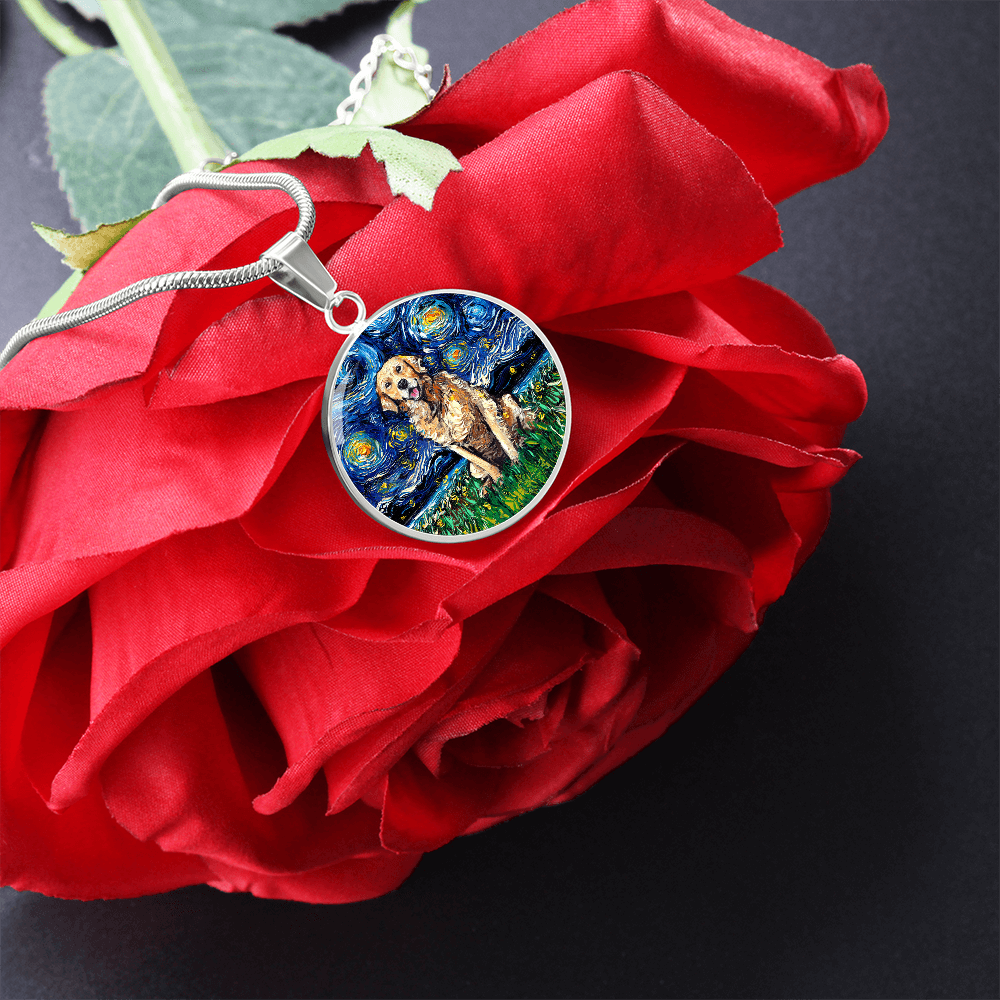 Golden Retriever Starry Night Round Necklace