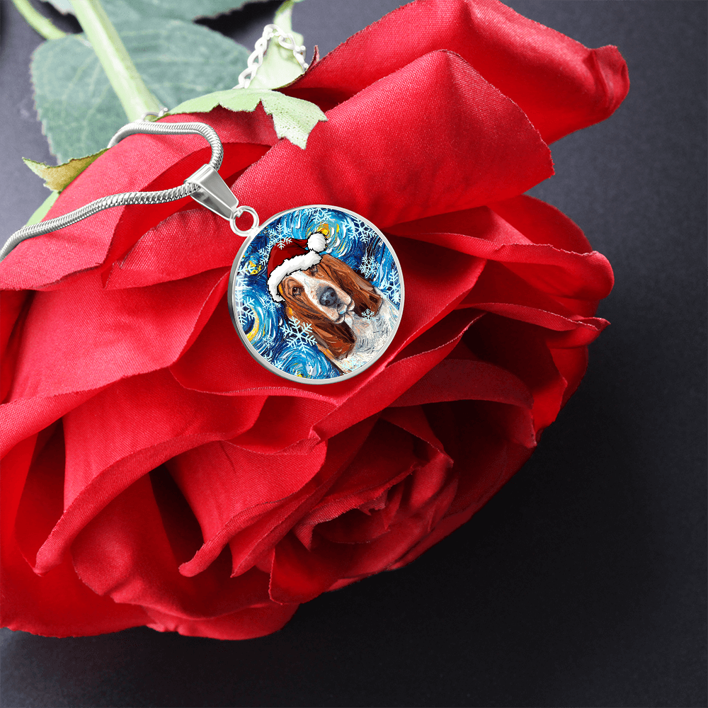 Basset Hound In Santa Hat Starry Night Round Necklace.