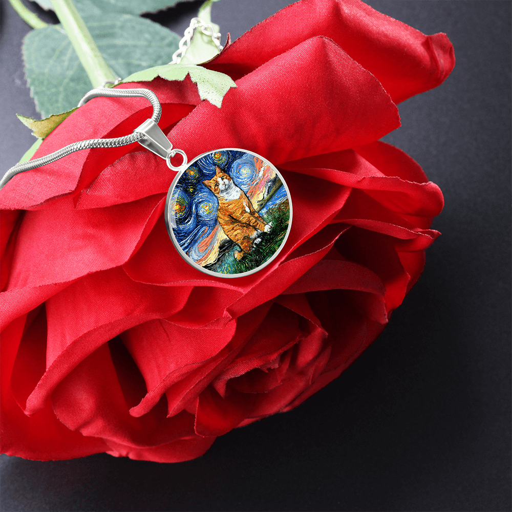 Orange Tuxedo Tabby Starry Night Round Pendant