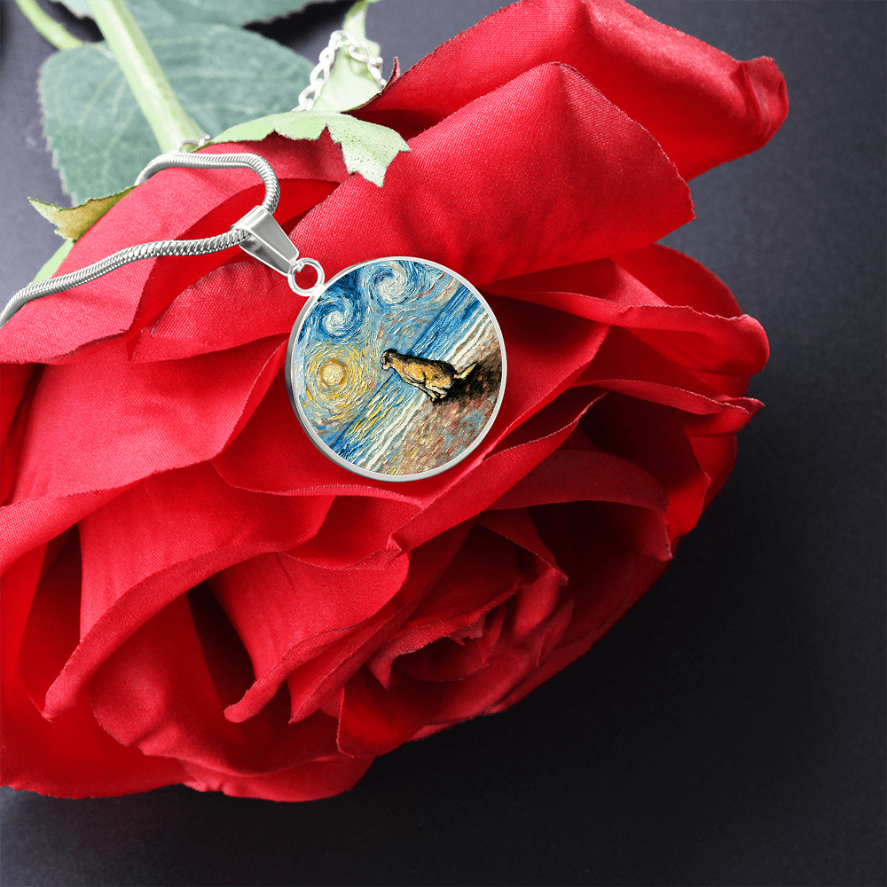 Yellow Labrador Starry Night Beach Round Necklace