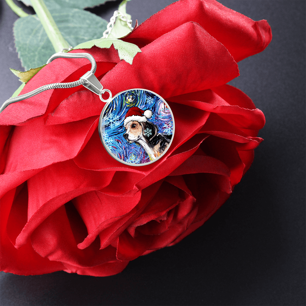 Beagle In Santa Hat Starry Night Round Necklace